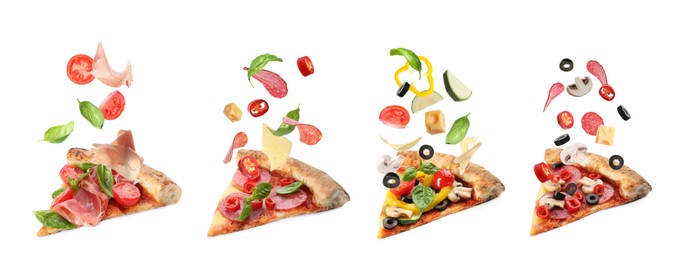 Image of Slices of delicious pizzas and flying ingredients on white background, collage. Banner design