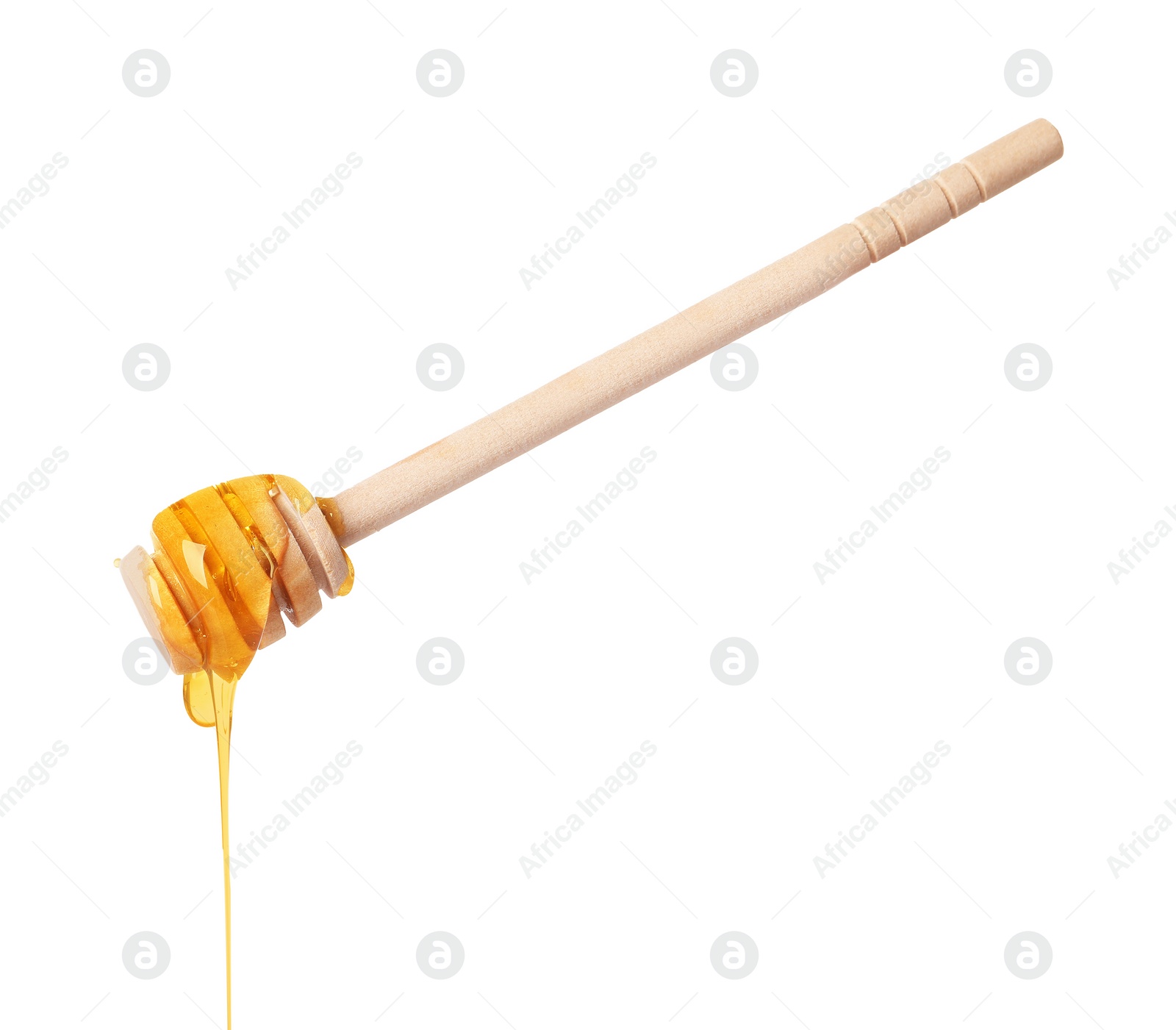 Photo of Fresh honey dripping from dipper on white background