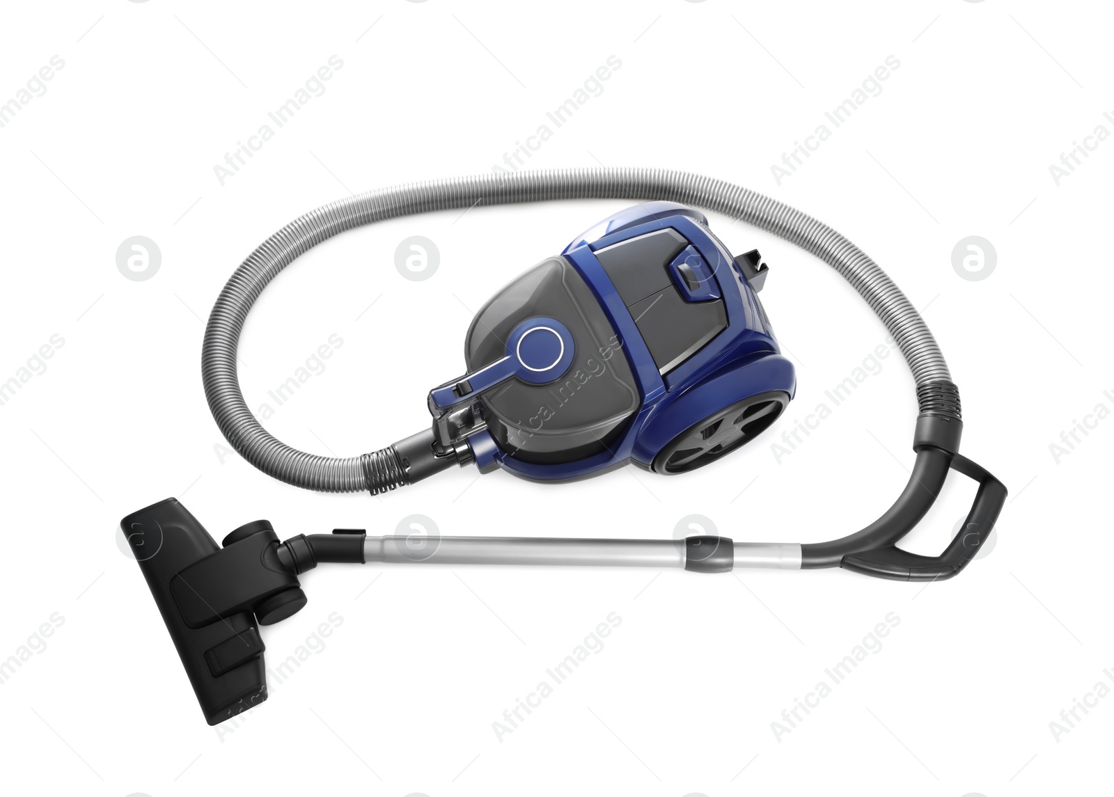 Photo of New modern vacuum cleaner on white background, top view