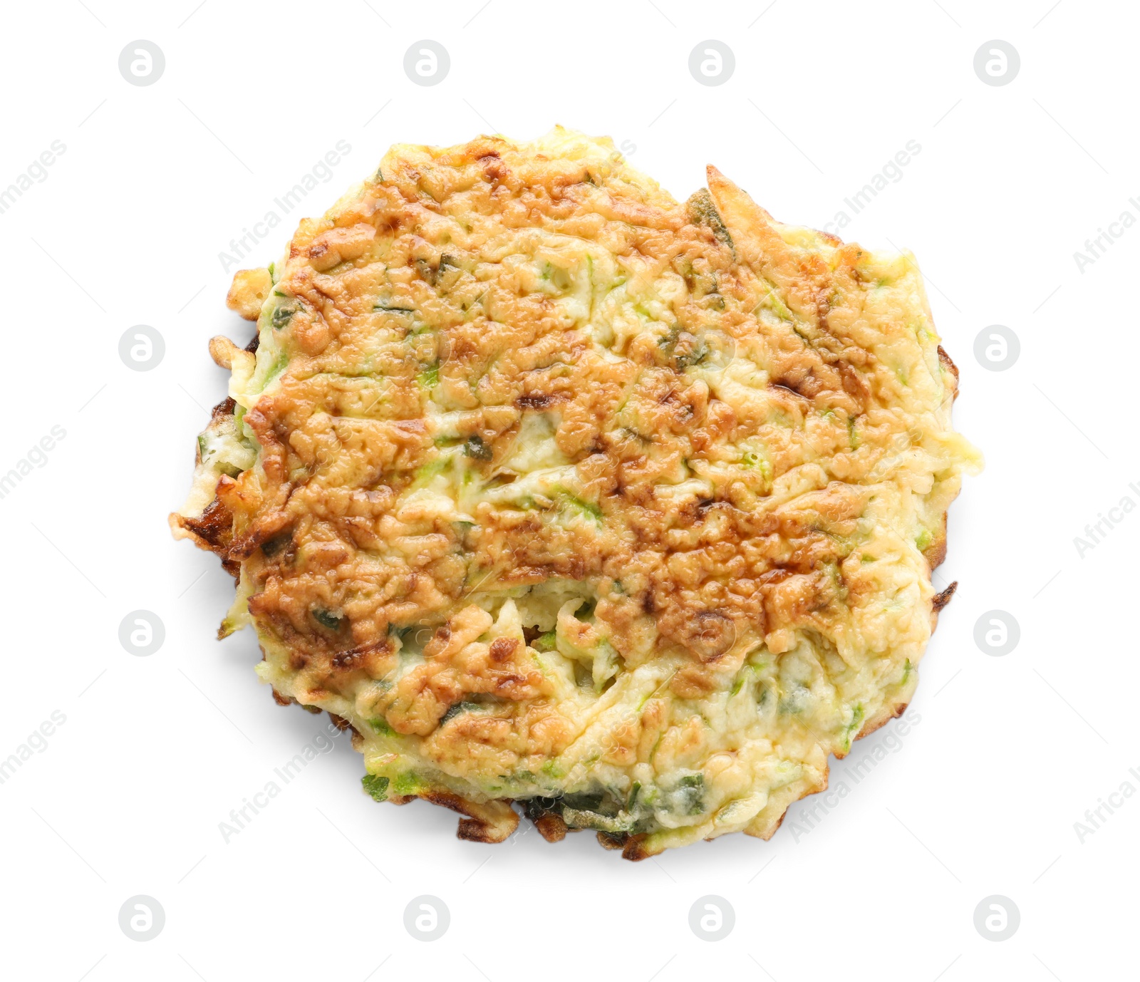 Photo of Delicious fried zucchini fritter isolated on white, top view