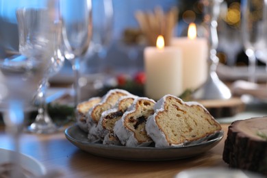 Photo of Festive bread served on table, closeup. Celebrating Christmas