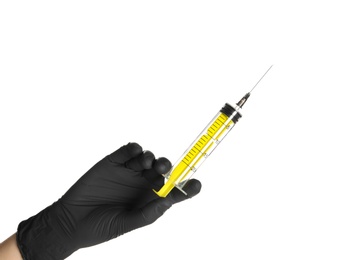 Photo of Doctor in medical glove holding empty syringe on white background