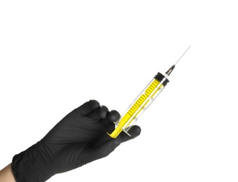 Doctor in medical glove holding empty syringe on white background