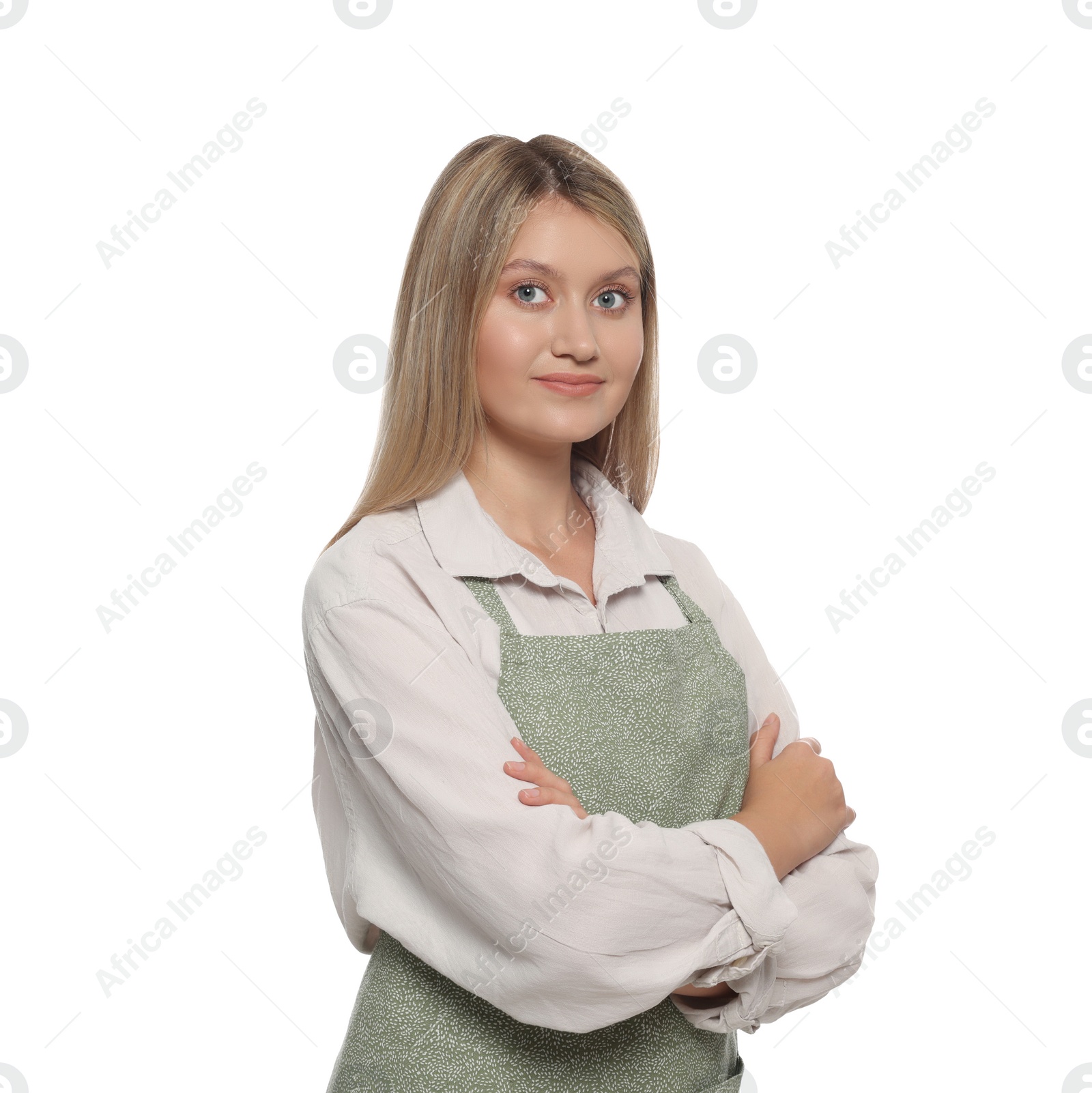 Photo of Beautiful young woman in clean apron on white background