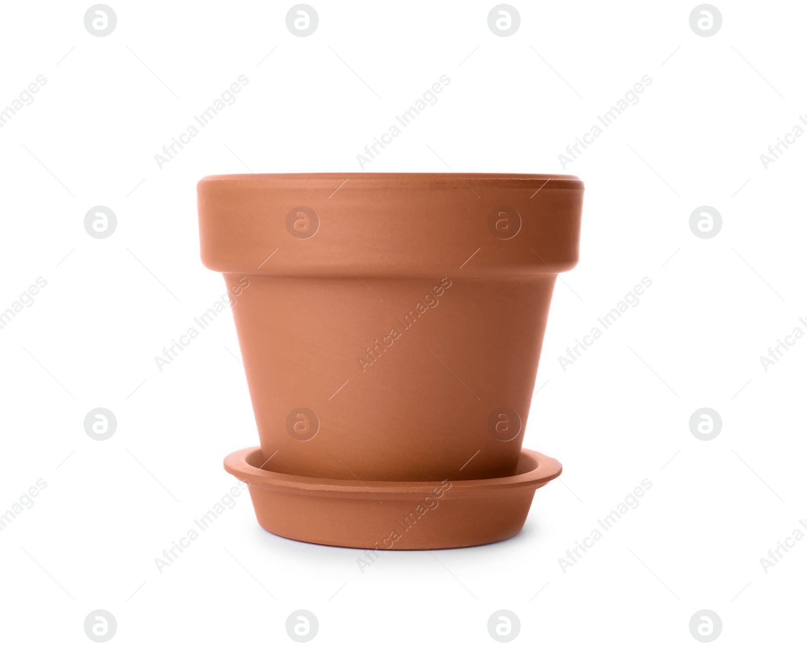 Photo of Stylish terracotta flower pot with saucer isolated on white