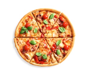 Photo of Delicious pizza with tomatoes and sausages on white background