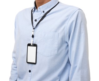 Photo of Man with blank badge on white background, closeup