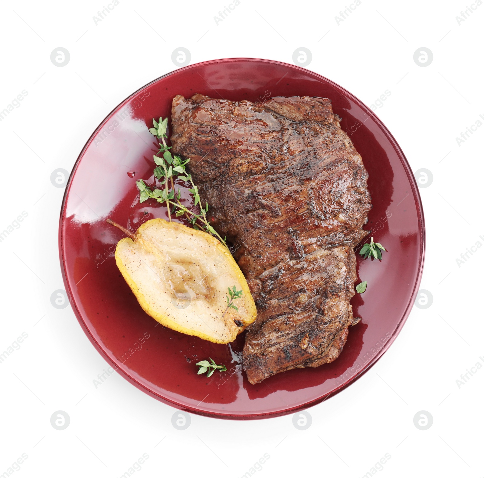 Photo of Delicious roasted beef meat, caramelized pear and thyme isolated on white, top view