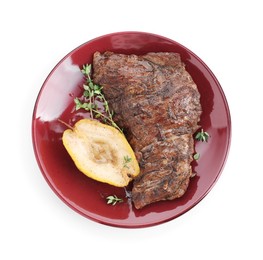 Photo of Delicious roasted beef meat, caramelized pear and thyme isolated on white, top view
