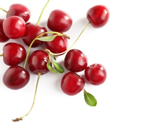 Pile of delicious ripe sweet cherries on white background, top view