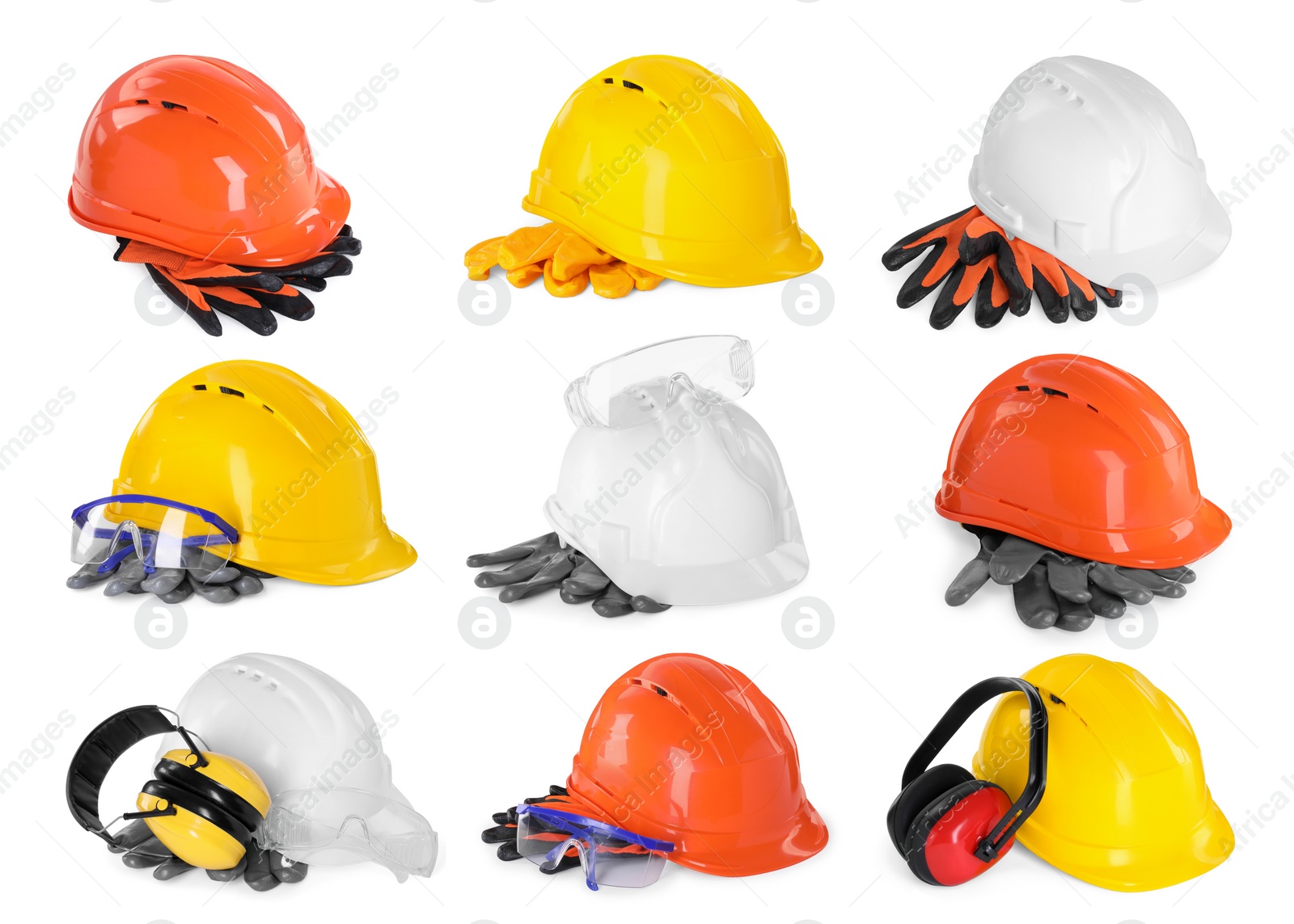 Image of Safety equipment, collection. Hard hats, gloves, protective headphones and goggles isolated on white