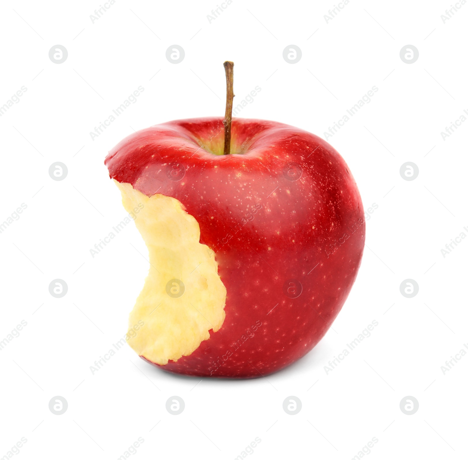 Photo of Ripe juicy red apple with bite mark on white background