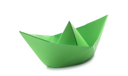 Handmade green paper boat isolated on white. Origami art