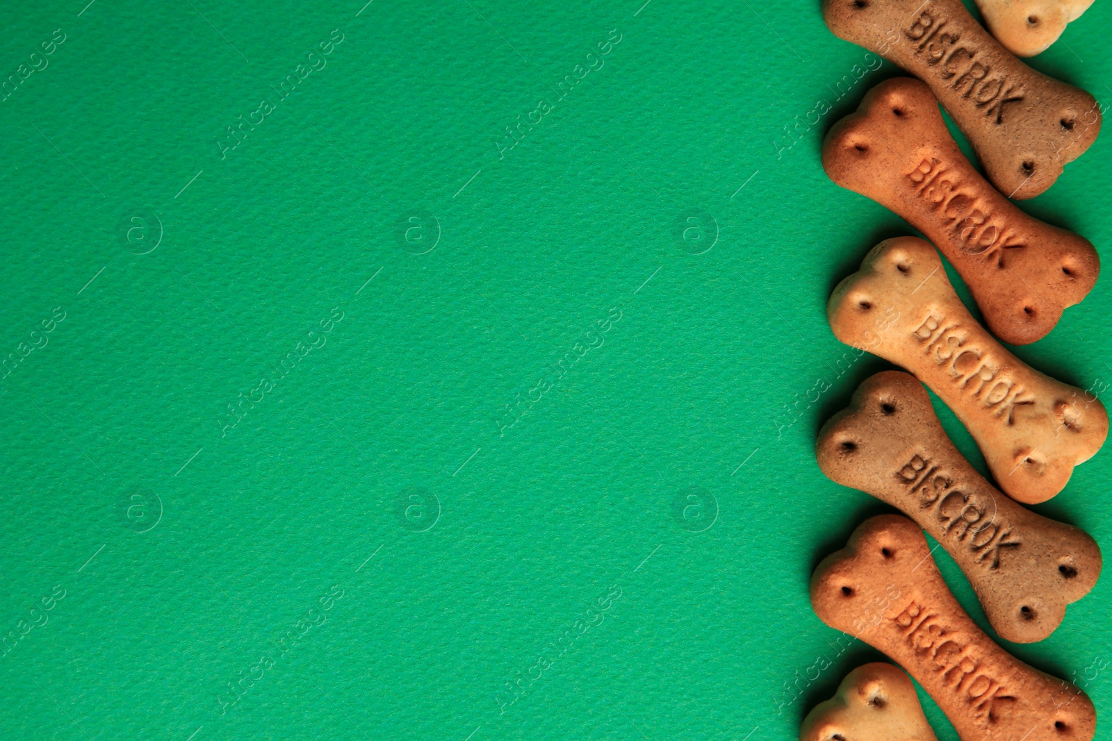 Photo of Bone shaped dog cookies on green background, flat lay. Space for text