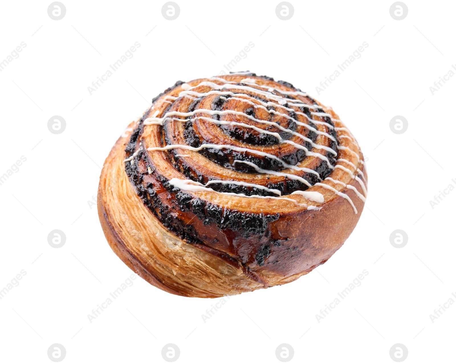 Photo of One delicious roll with poppy seeds and topping isolated on white. Sweet bun