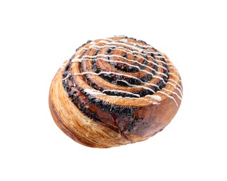 One delicious roll with poppy seeds and topping isolated on white. Sweet bun