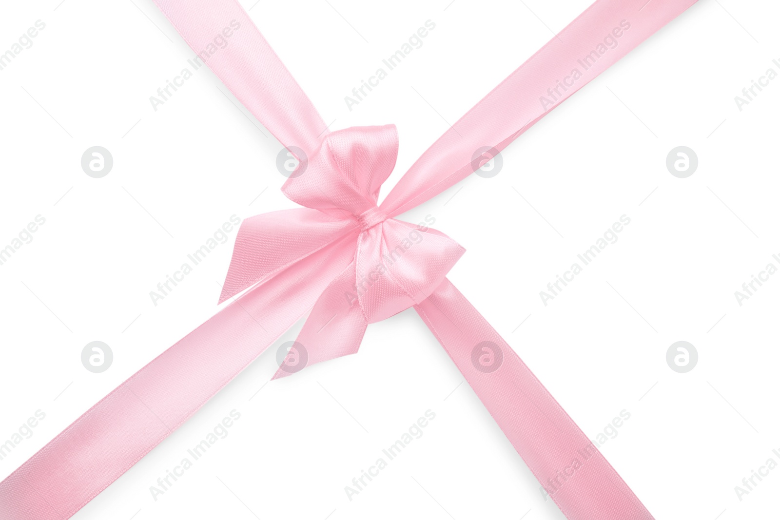 Photo of Pink satin ribbon with bow isolated on white, top view