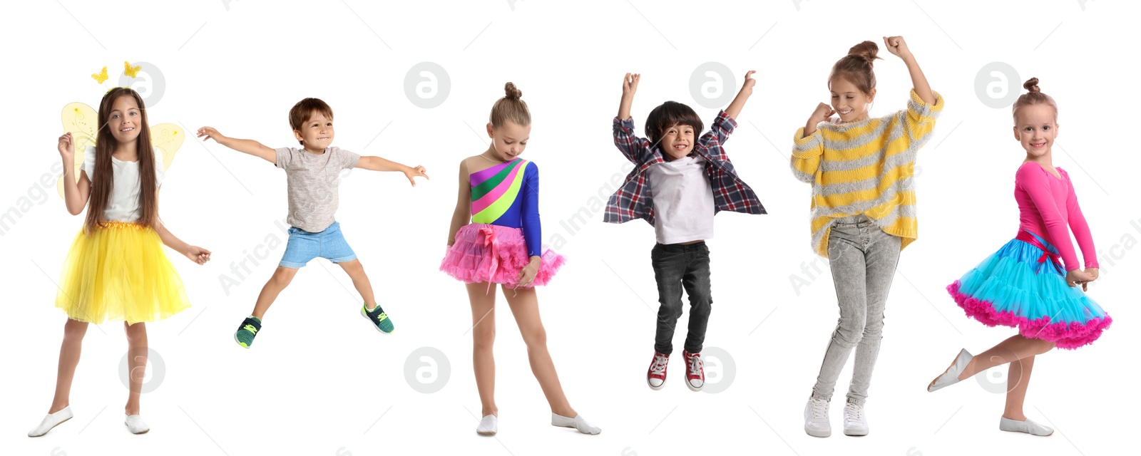 Image of Group of children dancing on white background, set of photos