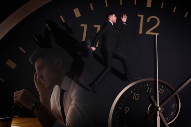 Image of Deadline management. Collage with photos of man in office, running businessman and clock