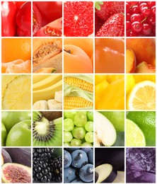 Image of Different fresh fruits, vegetables and berries, collage 