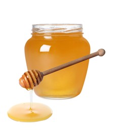 Natural honey dripping from dipper. Jar full of honey on white background