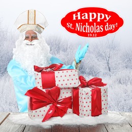 Image of Greeting card design. Saint Nicholas with presents 