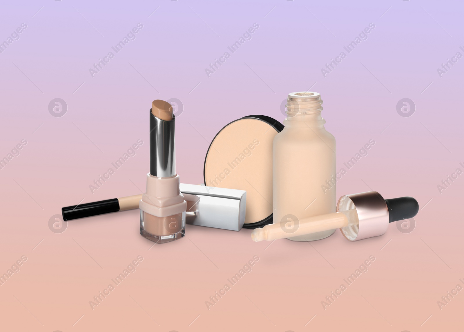 Image of Set with different decorative cosmetics on color background. Luxurious makeup products