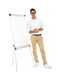 Photo of Professional business trainer near flip chart on white background