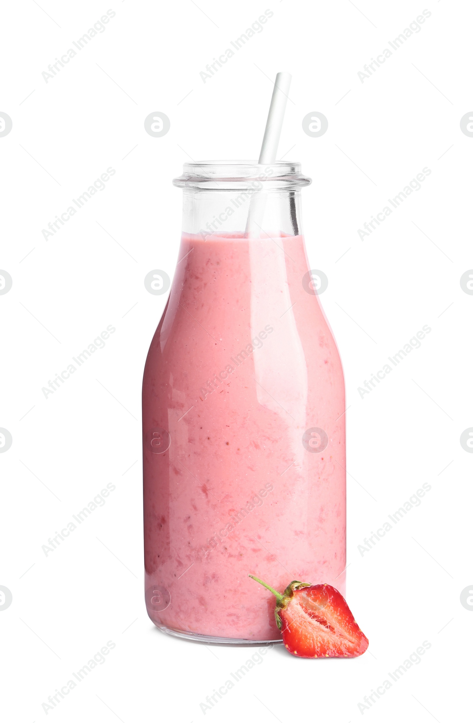 Photo of Tasty strawberry smoothie in glass bottle isolated on white