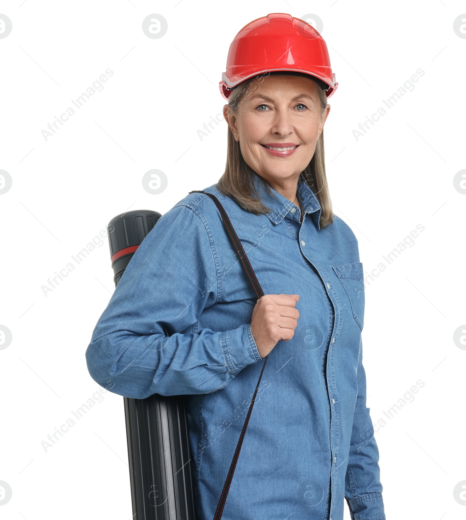 Photo of Architect in hard hat with tube on white background