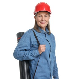 Photo of Architect in hard hat with tube on white background