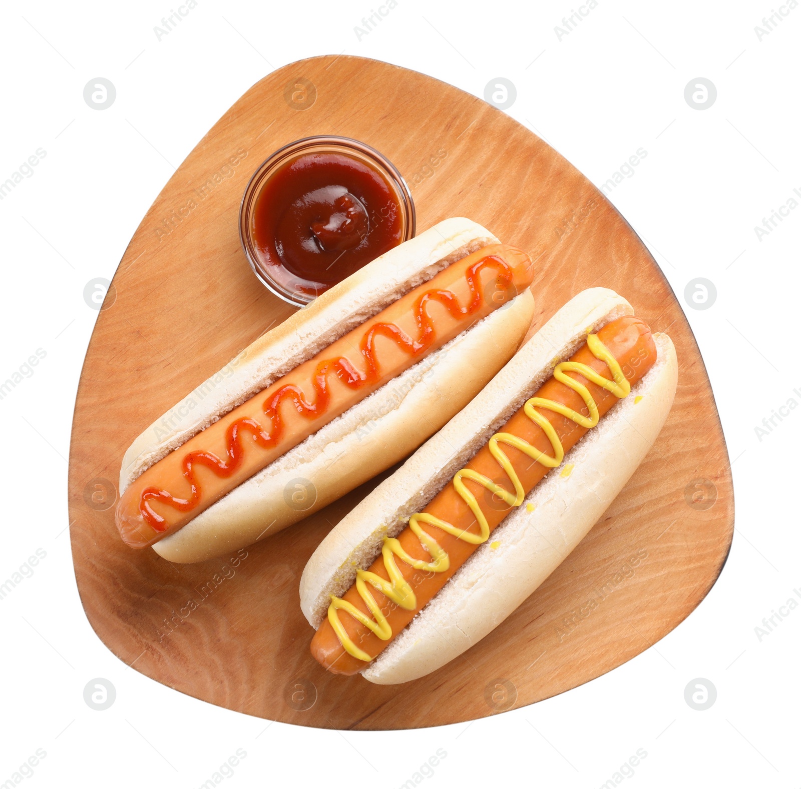 Photo of Tasty hot dogs with ketchup and mustard isolated on white, top view