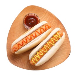 Photo of Tasty hot dogs with ketchup and mustard isolated on white, top view