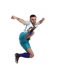 Image of Young man playing football on white background