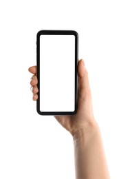 Woman holding smartphone with blank screen on white background, closeup of hand. Space for text