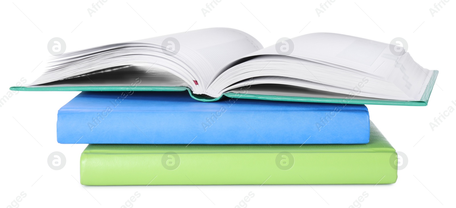 Photo of Stack of stylish notebooks on white background