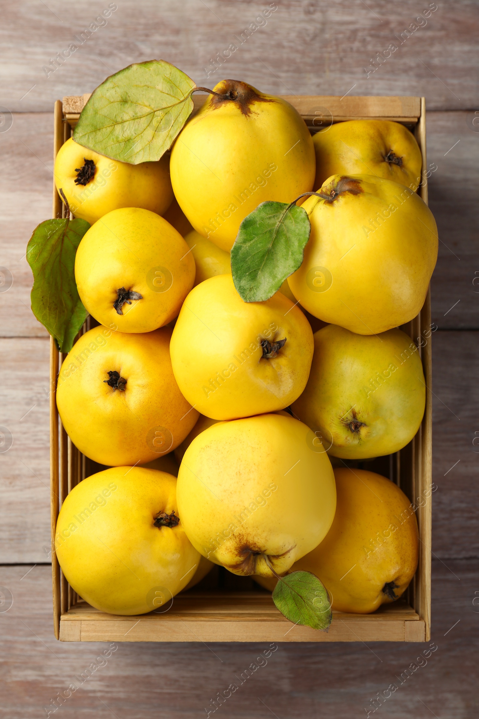 Photo of Tasty ripe quince fruits in crate on wooden table, top view