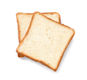 Photo of Pieces of fresh toast bread isolated on white, top view