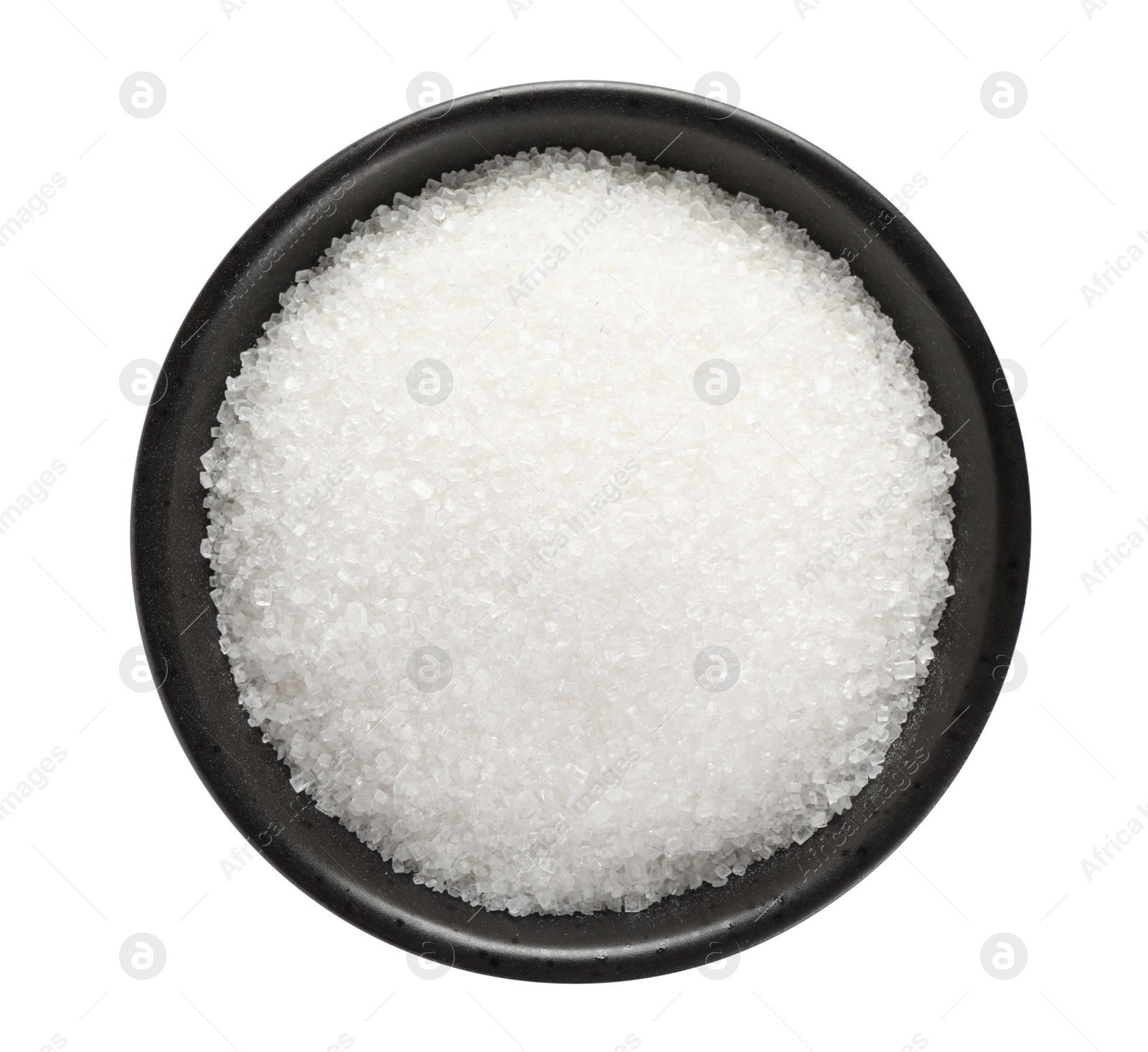 Photo of Granulated sugar in bowl isolated on white, top view