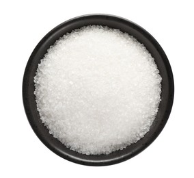 Granulated sugar in bowl isolated on white, top view