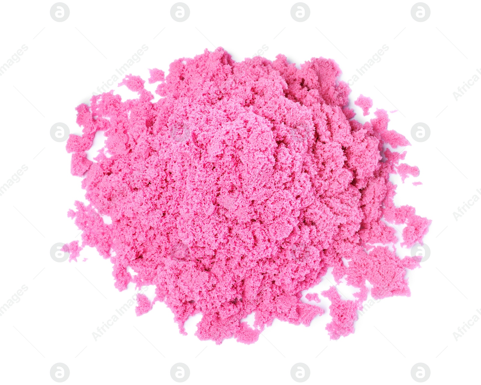 Photo of Pile of pink kinetic sand on white background, top view