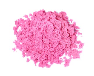 Photo of Pile of pink kinetic sand on white background, top view