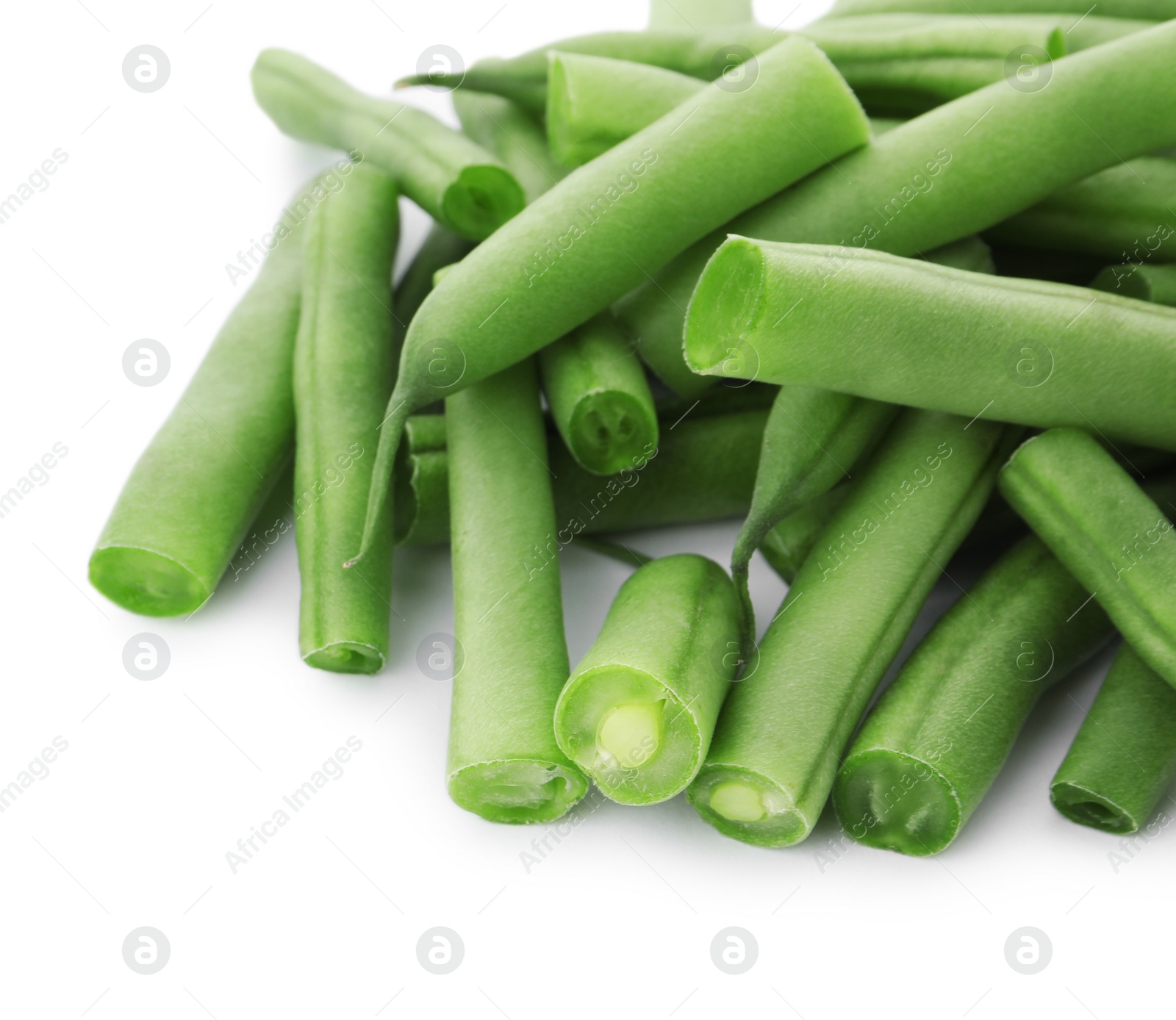 Photo of Delicious fresh green beans on white background