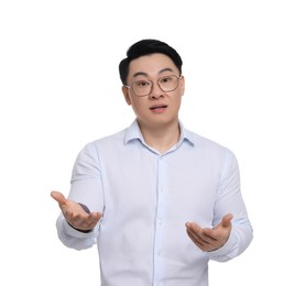 Photo of Businessman in formal clothes wearing glasses on white background