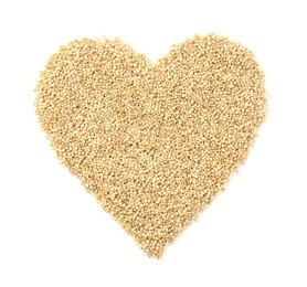 Heart made of quinoa on white background, top view