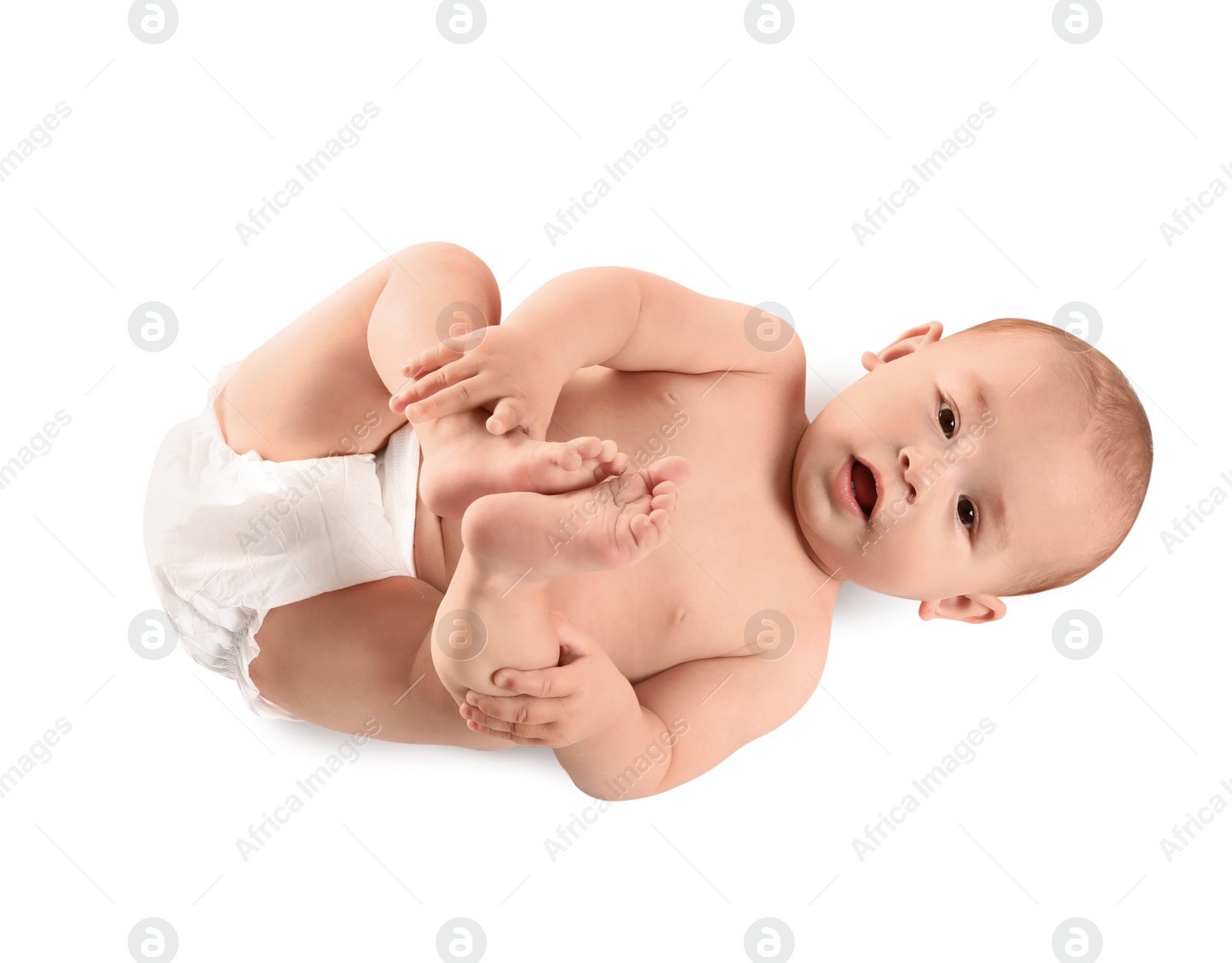 Photo of Cute little baby on white background, top view