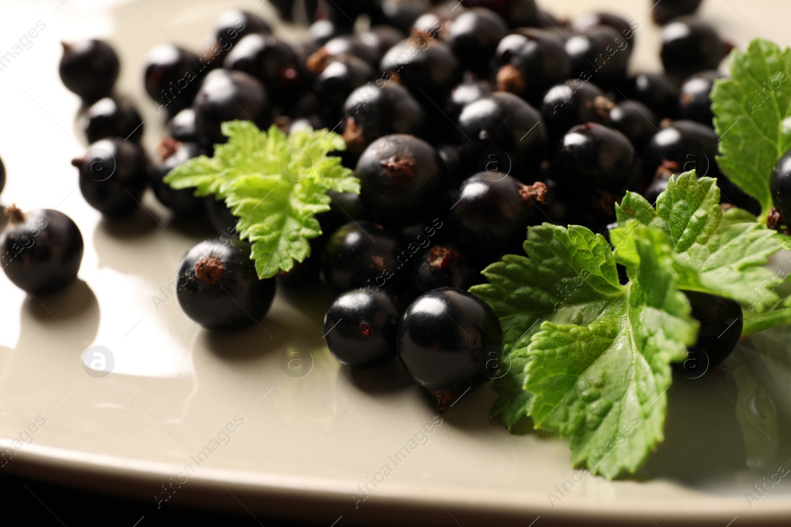 Photo of Ripe blackcurrants and leaves on plate, closeup