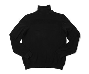 Photo of Stylish black sweater isolated on white, top view