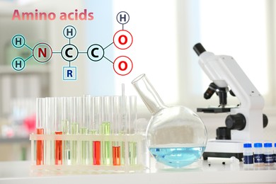 Amino Acids chemical formula, illustration. Laboratory glassware and microscope on table indoors