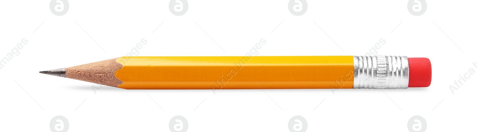 Photo of Short graphite pencil with eraser isolated on white. School stationery